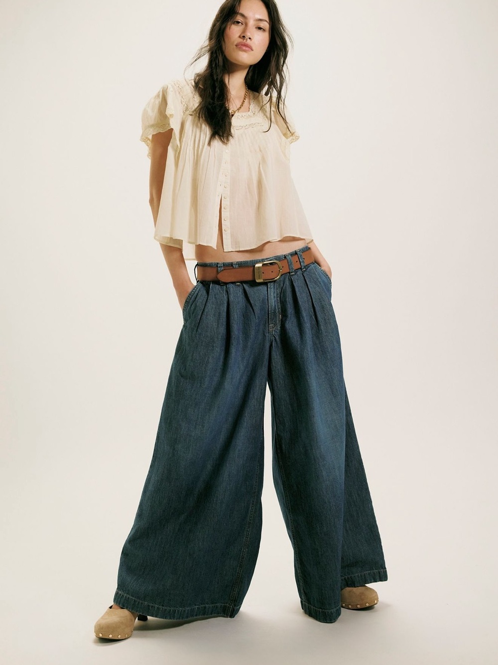 Free People We the Free Scout Pull-On Wide Leg Jeans- Deep Indigo